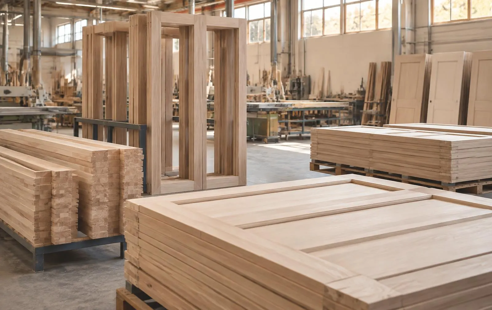 Erol Ticaret üretim alanında hazırlanan kapı kanatları ve fingerjoint serenler